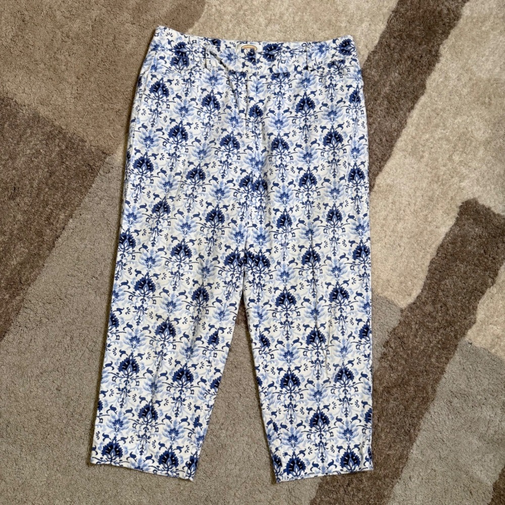 Talbots Petites Blue White Damask Floral Stretch Crop Pant Women 6P Straight Leg